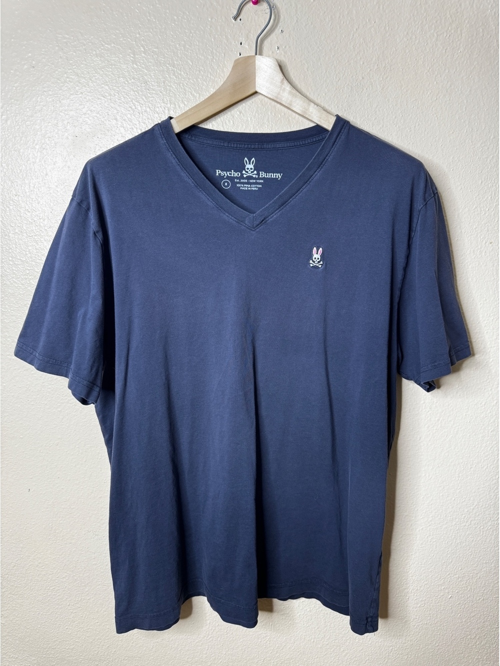 Psycho Bunny Mens Size 8 Navy Pima Cotton V Neck T Shirt Embroidered Logo